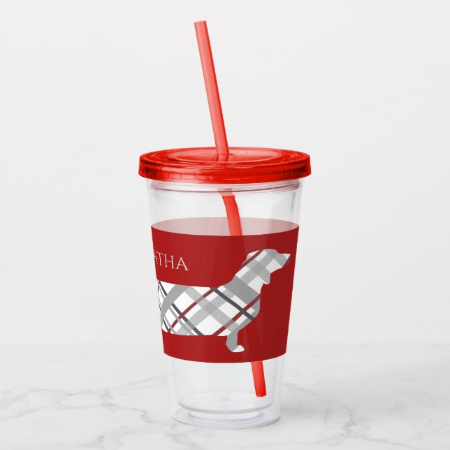 Plaid Dachshund on Red Acrylic Tumbler (Left)