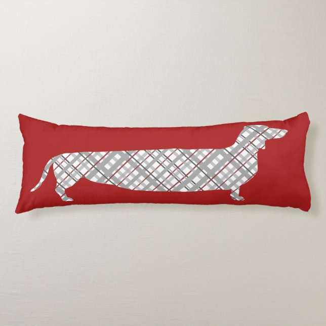 Plaid Dachshund on Red Body Pillow (Front)