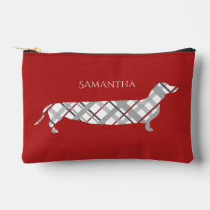 Plaid Dachshund on Red Personalised Accessory Pouch