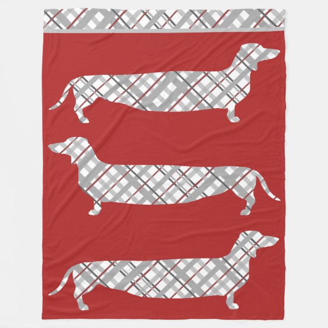 Plaid Dachshunds on Red Fleece Blanket (Front)