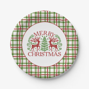 Plaid Deer Christmas Paper Plate