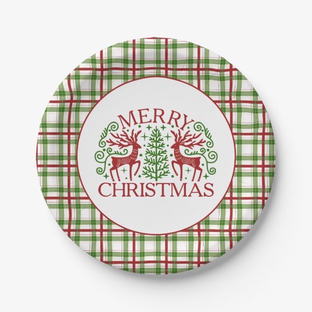 Plaid Deer Christmas Paper Plate (Front)