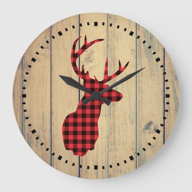 Plaid Deer Head with Antlers on Faux Wood Large Clock (Front)