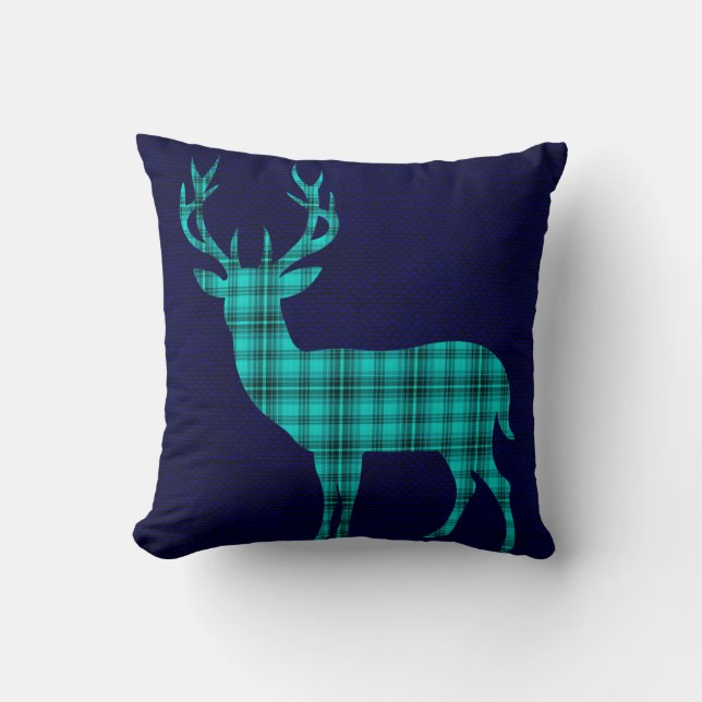 Plaid Deer Silhouette on Burlap | teal navy Throw Pillow (Front)
