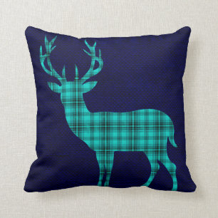 Plaid Deer Silhouette on Burlap   teal navy Throw Pillow