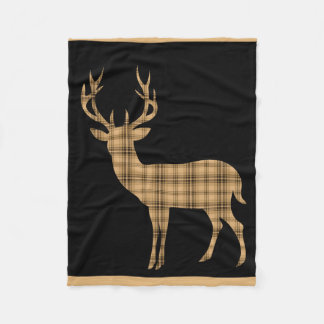 Plaid Deer Stag Silhouette | black cream tan Fleece Blanket