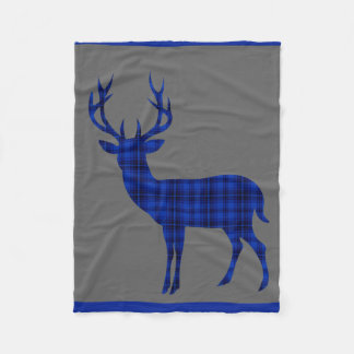 Plaid Deer Stag Silhouette | charcoal cobalt blue Fleece Blanket