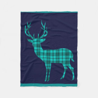 Plaid Deer Stag Silhouette | teal navy blue Fleece Blanket