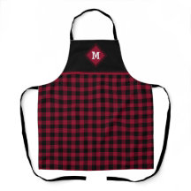 Plaid Diamond Initial Crimson Red + Black Apron
