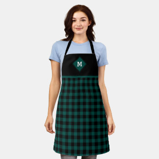 Plaid Diamond Initial Emerald Green + Black Apron