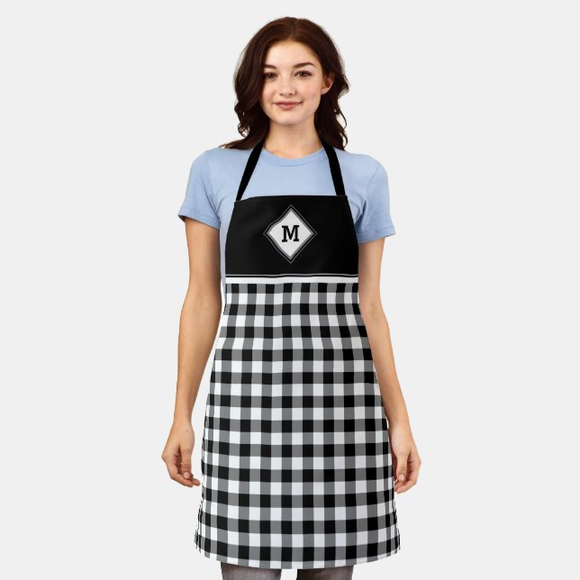Plaid Diamond Initial White + Black Apron (Worn)