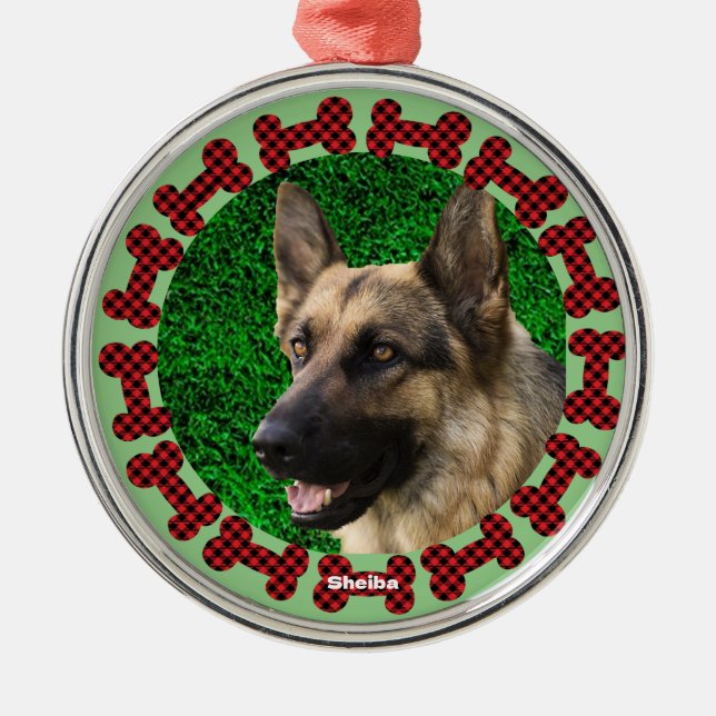 Plaid Dog Bone Frame Cute Doge Photo Christmas Metal Ornament (Front)