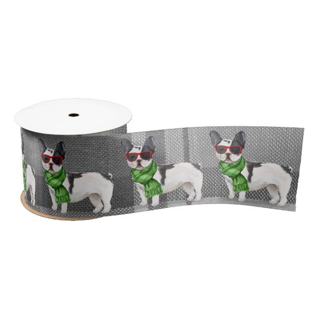 Plaid Dog Lover Cute Boston Terrier Christmas Satin Ribbon (Spool)