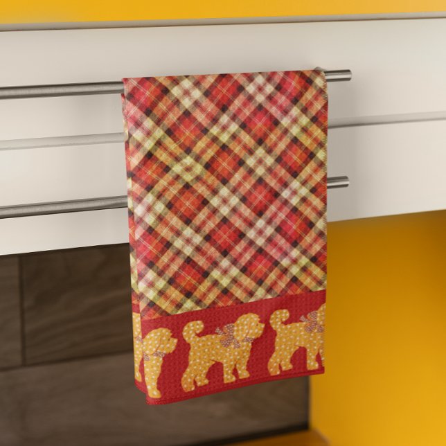 Plaid Doodle Golden Yellow Dog Kitchen Towel (Happy doodle pups on a plaid dish towel.)