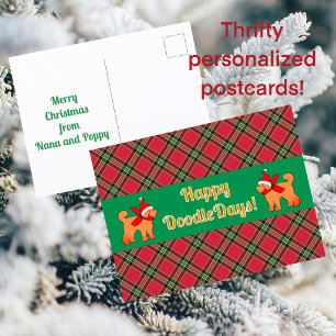 Plaid Doodle Golden Yellow Dog Personalized  Holiday Postcard