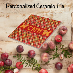 Plaid Doodle Golden Yellow Dog Personalized Tile