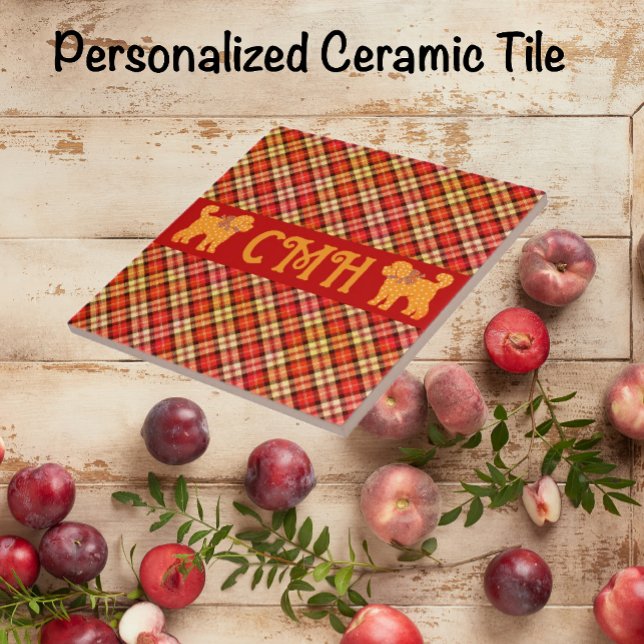 Plaid Doodle Golden Yellow Dog Personalized Tile (Personalized ceramic tile in 2 sizes.)