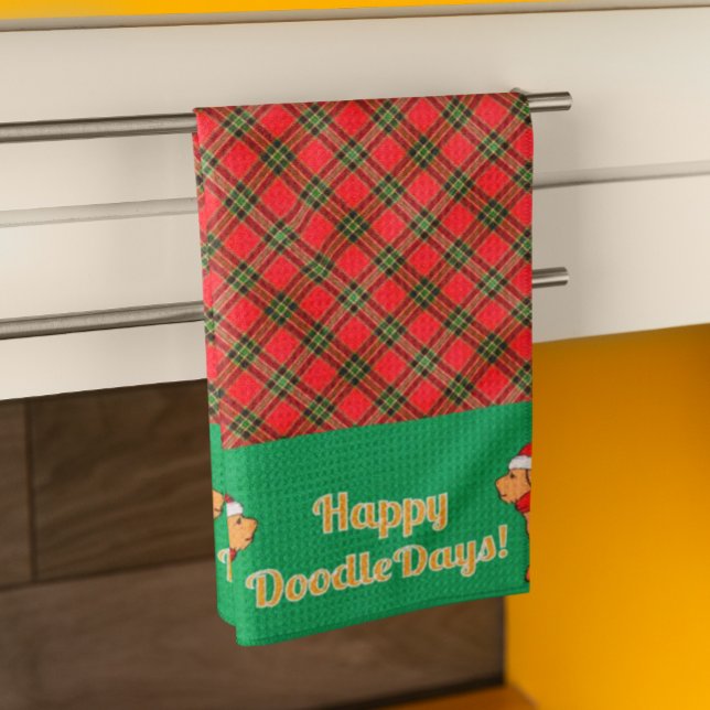 Plaid Doodle Yellow Dog Personalized Christmas Kitchen Towel (The cutest doggy holiday dish towel!)
