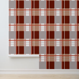 Plaid effect earthy red browns, grey and white wallpaper
