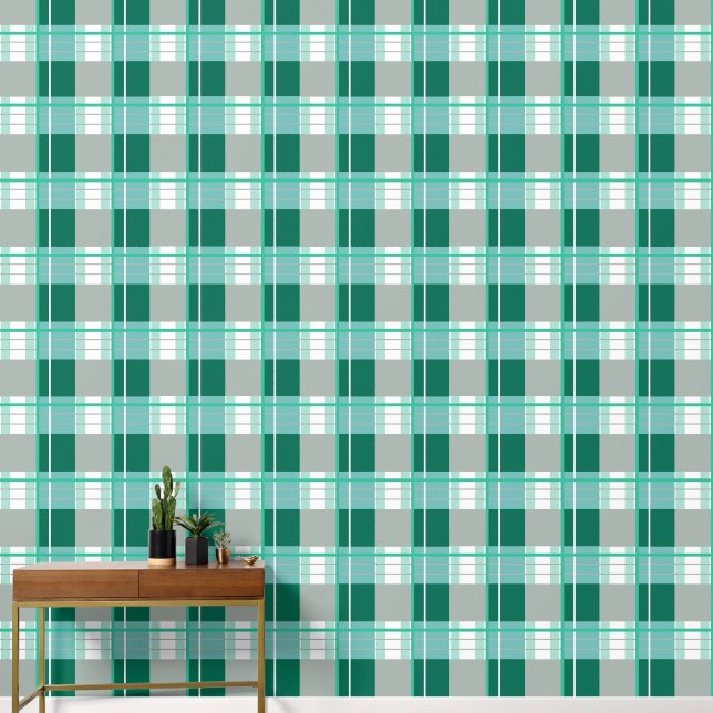 Plaid effect fresh green, teal, grey and white wallpaper (Hallway)