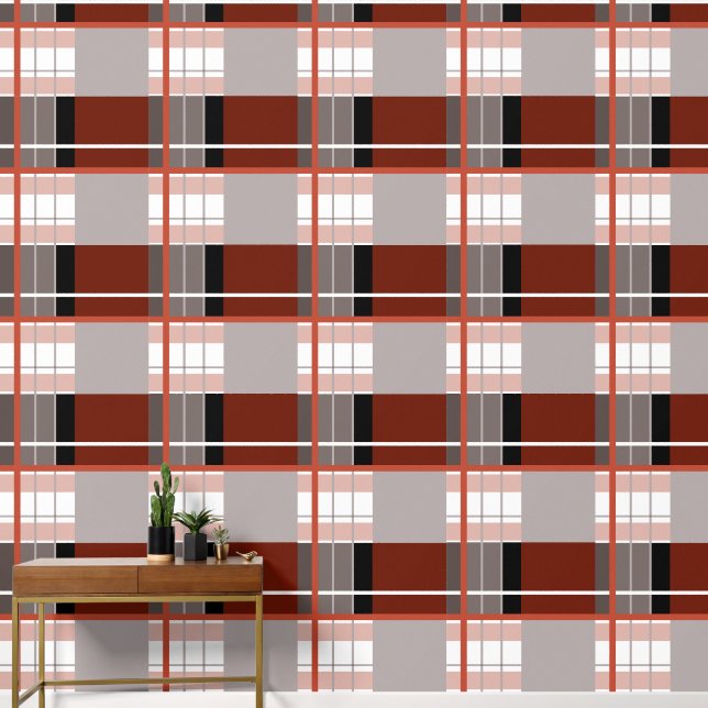 Plaid effect striking red, grey, black and white  wallpaper (Hallway)