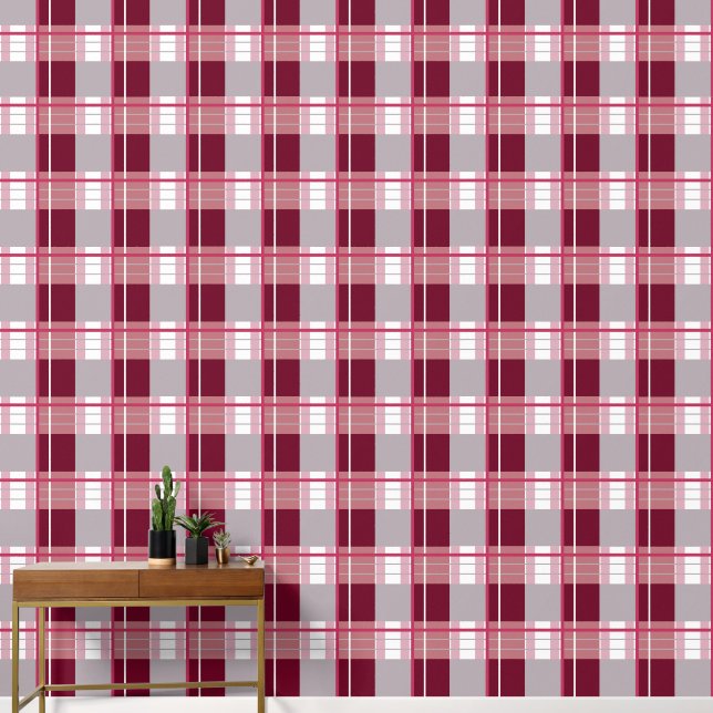 Plaid effect warm reds grey and white wallpaper (Hallway)