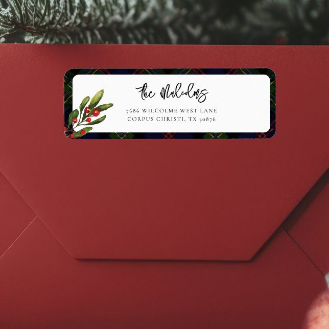 Plaid Elegant Rustic Classic Tartan Adresse de ret (Red Berries Rustic Plaid Malcolm Tartan Return Address Label)