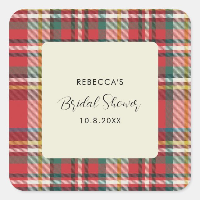 Plaid Elegant Rustic Script Bridal Shower Square Sticker (Front)