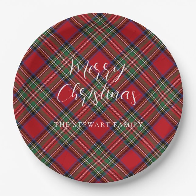 Plaid Elegant Script Stewart Tartan Custom Paper Plate (Front)