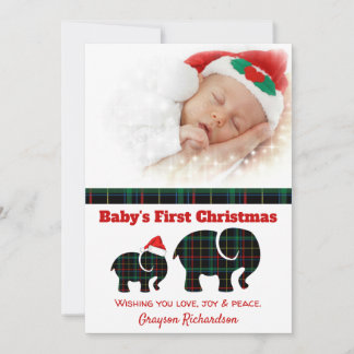 Plaid Elephants Baby's First Christmas Photo Holiday Card