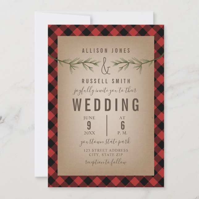 Plaid + Evergreen Tree Branches Wedding Invitation (Front)