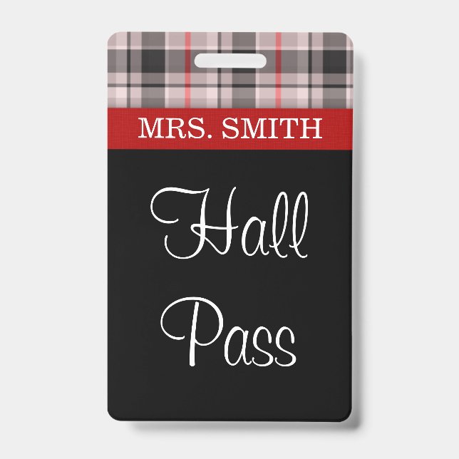 Plaid Fabric HALL Pass Badge (Front)