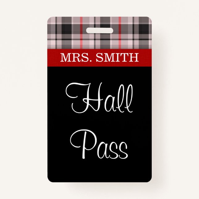 Plaid Fabric HALL Pass Badge (Front)
