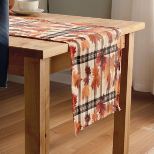 Plaid Fall Autumn Leaves Short Table Runner