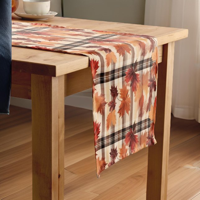 Plaid Fall Autumn Leaves Short Table Runner (Creator Uploaded)
