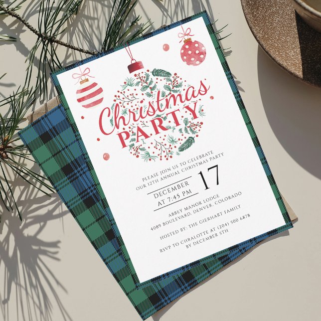 Plaid Family Christmas Party Campbell Tartan Invitation (Plaid Rustic Christmas Party Tartan and Baubles Invitation)
