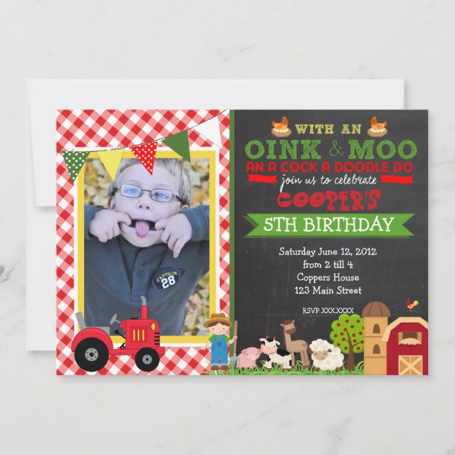 Plaid Farm Tractor Birthday Party Invitation (Front)