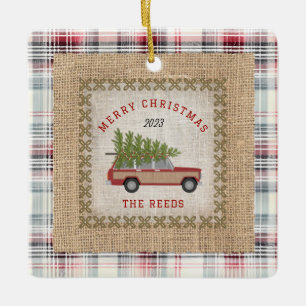 Plaid Faux Burlap Wood Paneled SUV Christmas Tree Ceramic Ornament