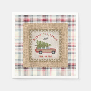 Plaid Faux Burlap Wood Panelled SUV Christmas Tree Napkin