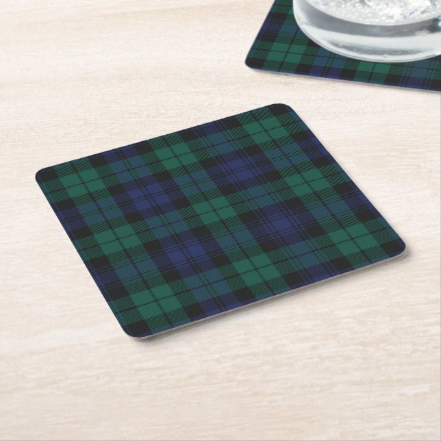 Plaid Festive Classic Rustic Green Tartan Square Paper Coaster (Angled)
