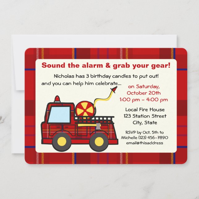 Plaid Fire Truck Birthday Invitation (Front)