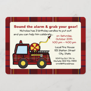 Plaid Fire Truck Birthday Invitation