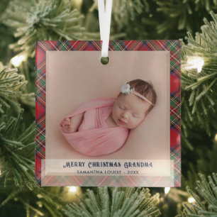 Plaid First Christmas Baby Photo Grandma Tartan Glass Ornament