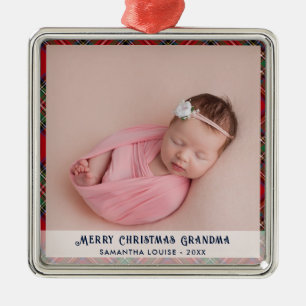 Plaid First Christmas Baby Photo Holiday Tartan Metal Ornament
