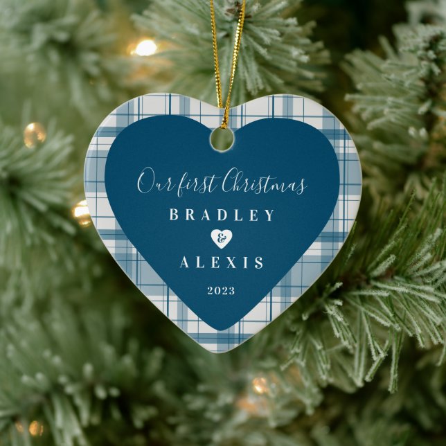 Plaid First Christmas Married Blue Photo Ceramic Ornament (Tree)