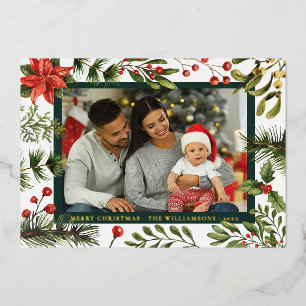 Plaid Floral Botanical Family Photo Tartan Foil Holiday Card