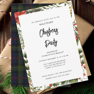 Plaid Floral Red Berries Christmas Party Tartan Invitation