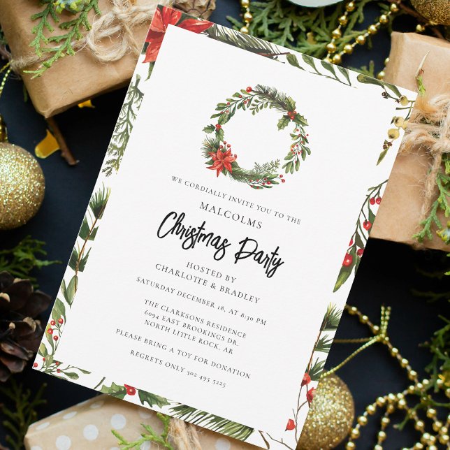 Plaid Floral Red Berries Christmas Party Tartan Invitation (Rustic Christmas Holidays Botanical Red Berries Malcolm Tartan Party Invitation)