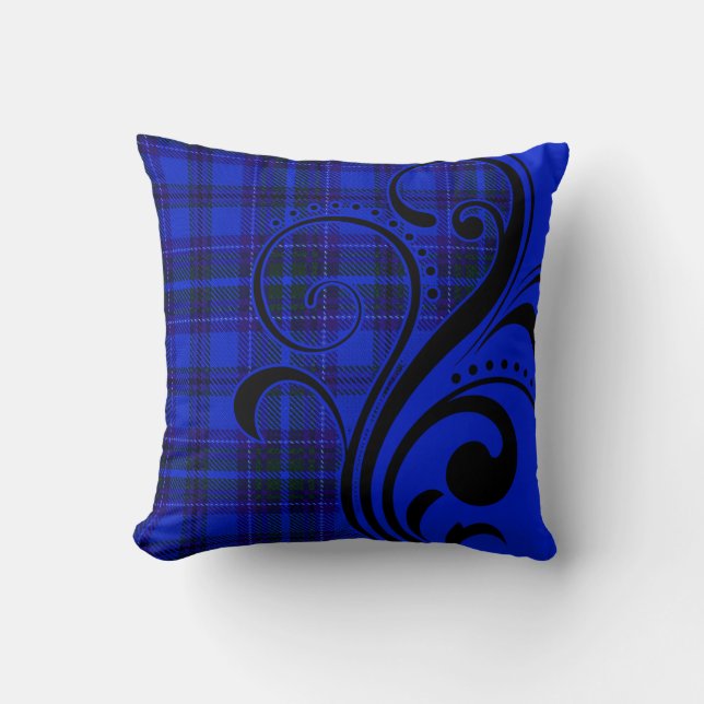 Plaid Flourish by Cheryl Daniels | cobalt black Throw Pillow (Front)