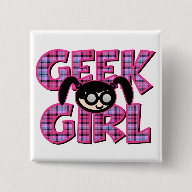 Plaid Geek Girl with Graphic 2 Inch Square Button (Front)